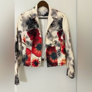 Alberto Makali Floral White Leopard Colorful Crop Blazer Jacket Size: 12